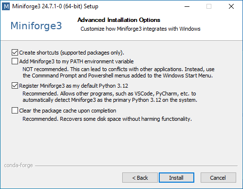 Miniforge install settings