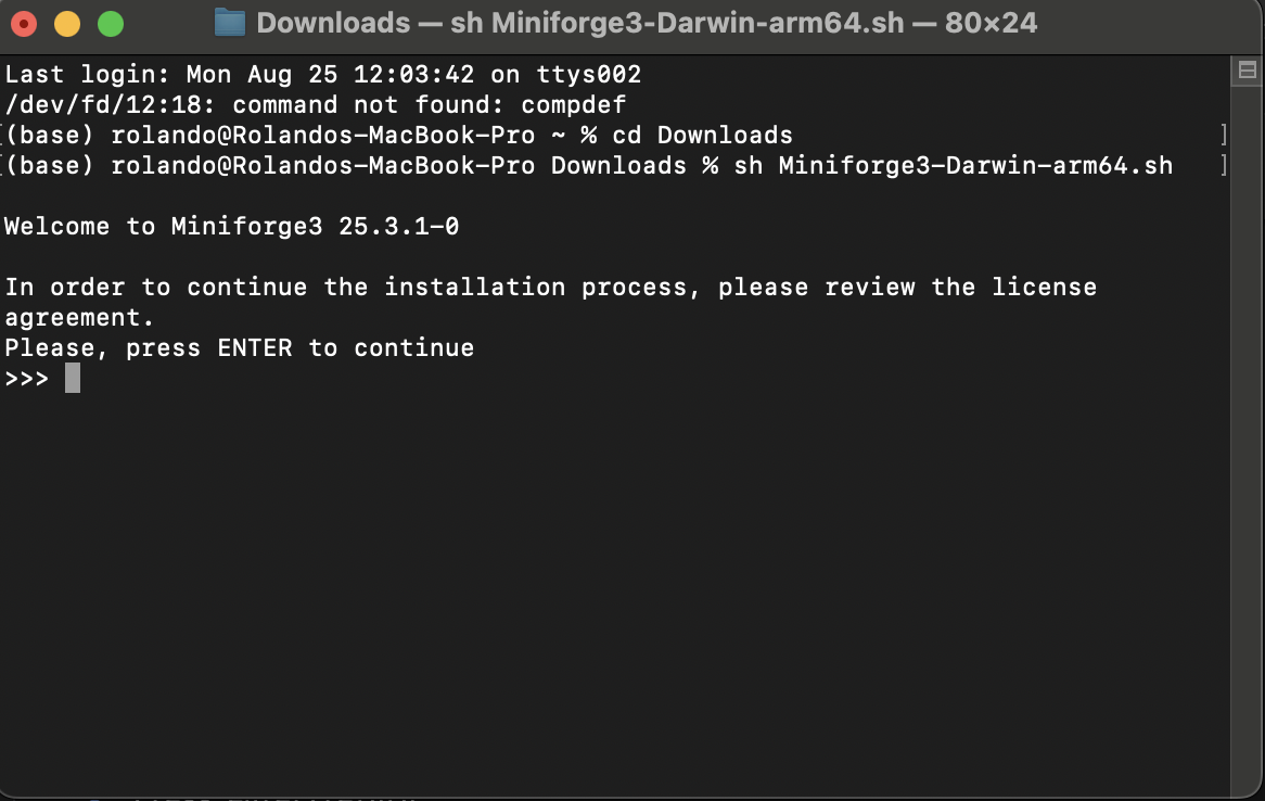 Running the installation script on a MacOs terminal