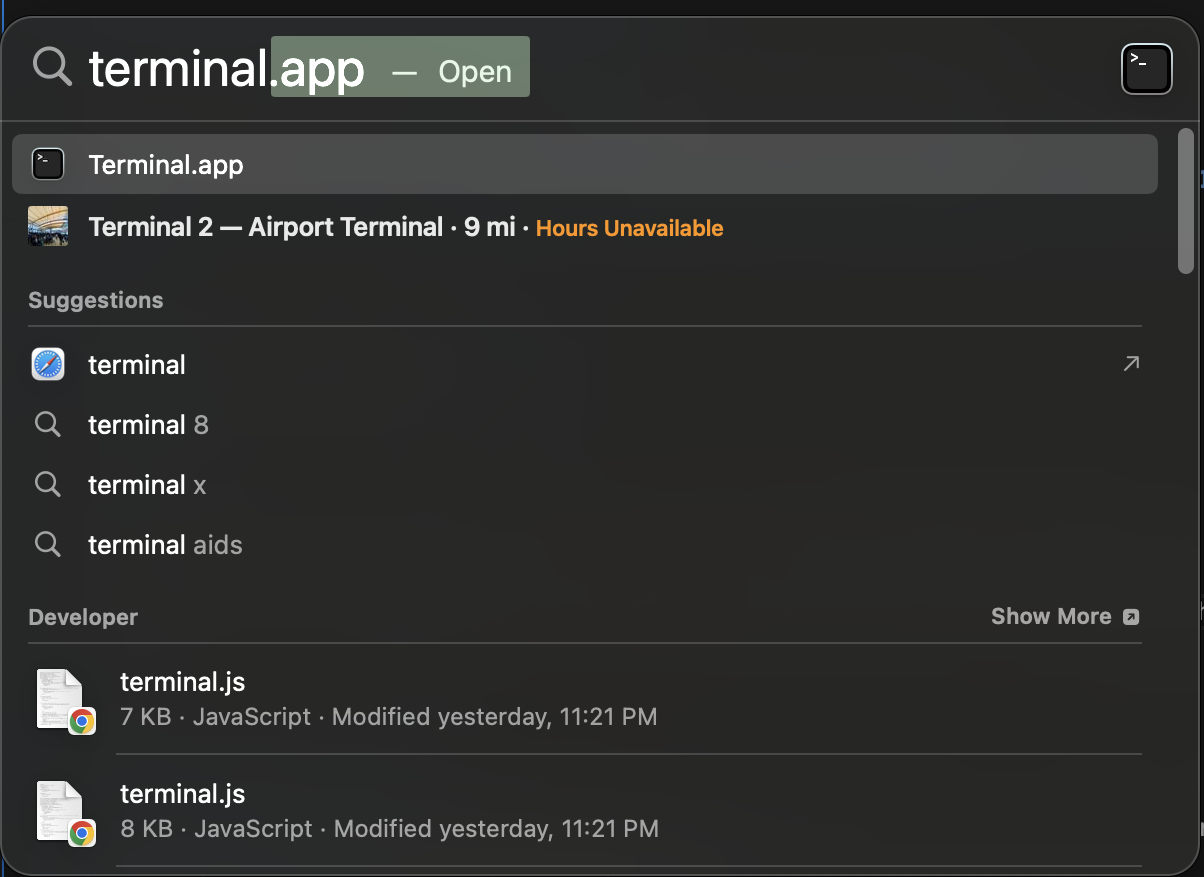 searching Terminal in MacOs' Spotlight Search