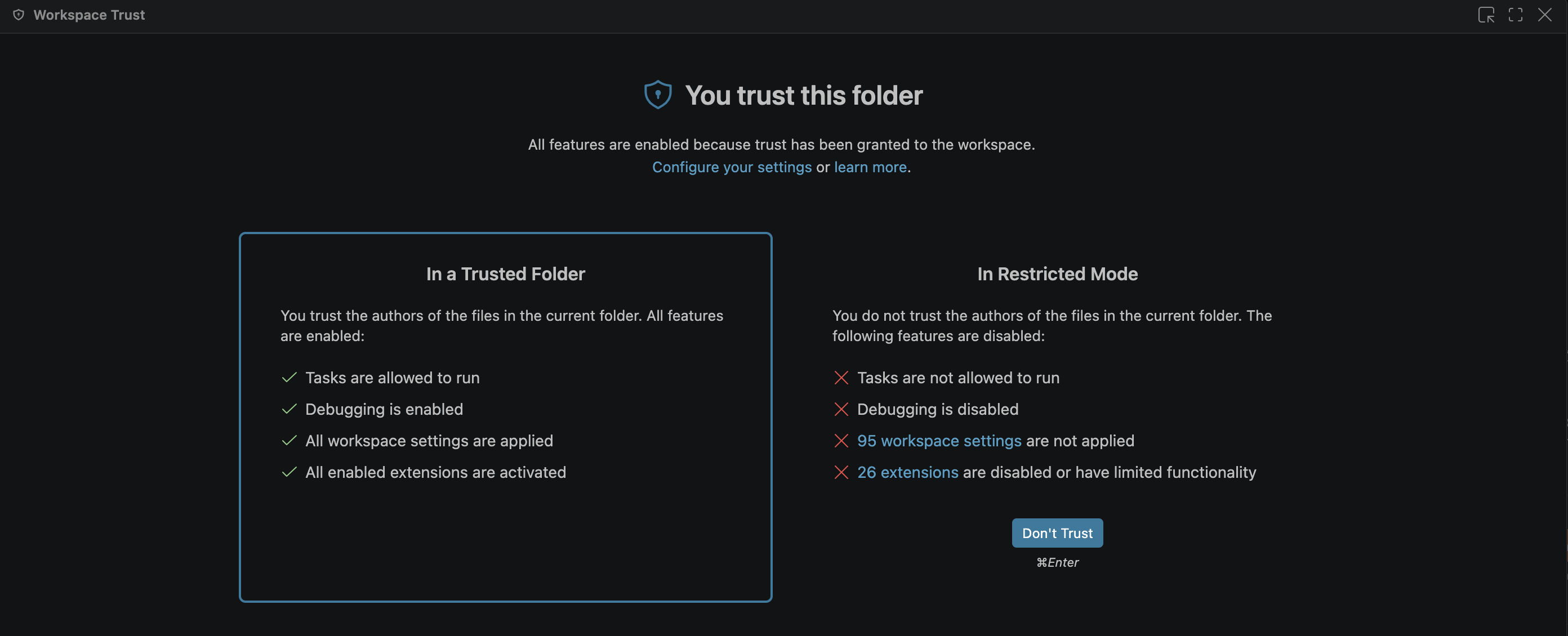 Trust folder selected in the Workspace trust window.